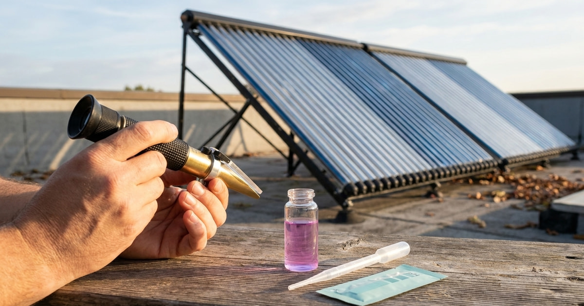 Herbstcheck an der Solarthermieanlage: Frostschutz der Solarflüssigkeit wird mit einem Refraktometer geprüft, im Hintergrund CPC-Vakuumröhrenkollektoren auf dem Dach